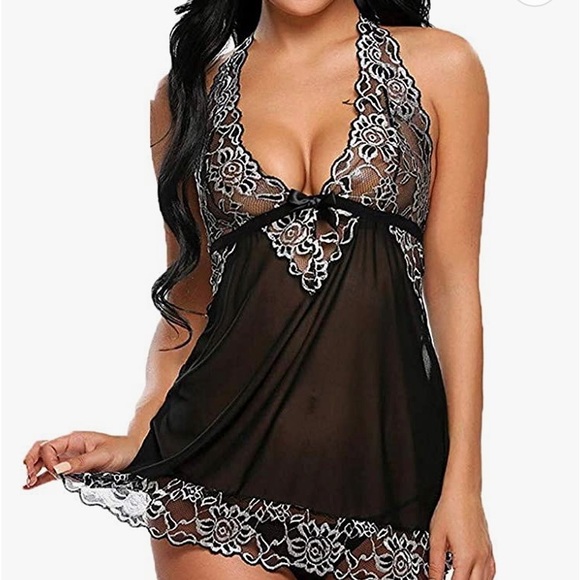 Avidlove lace teddy sheer black with white floral lace. G-String Panty Size L - Picture 3 of 17